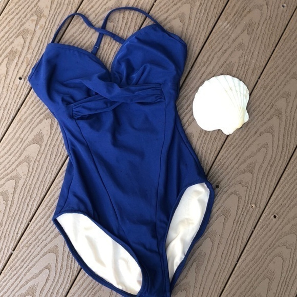 Slimsuit navy blue one piece w/crisscross straps